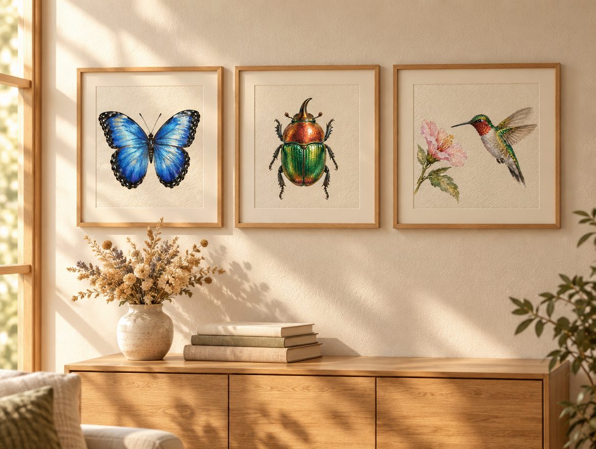 Framed metallic creature paintings on a wall