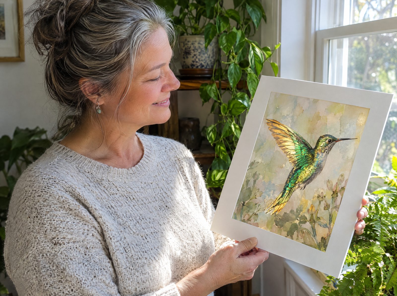 Tilting a finished hummingbird painting toward the window