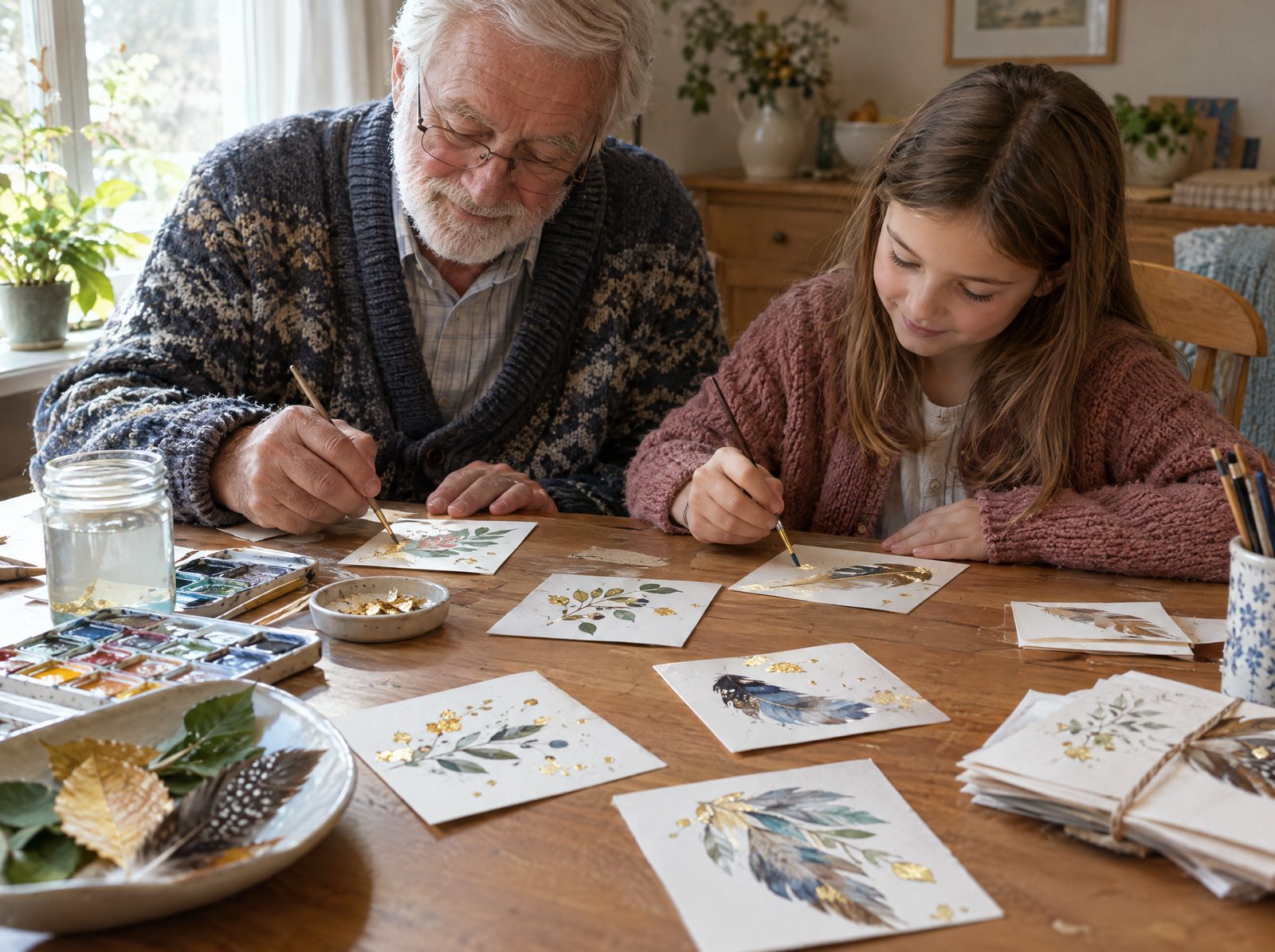 A grandparent and grandchild painting cards
